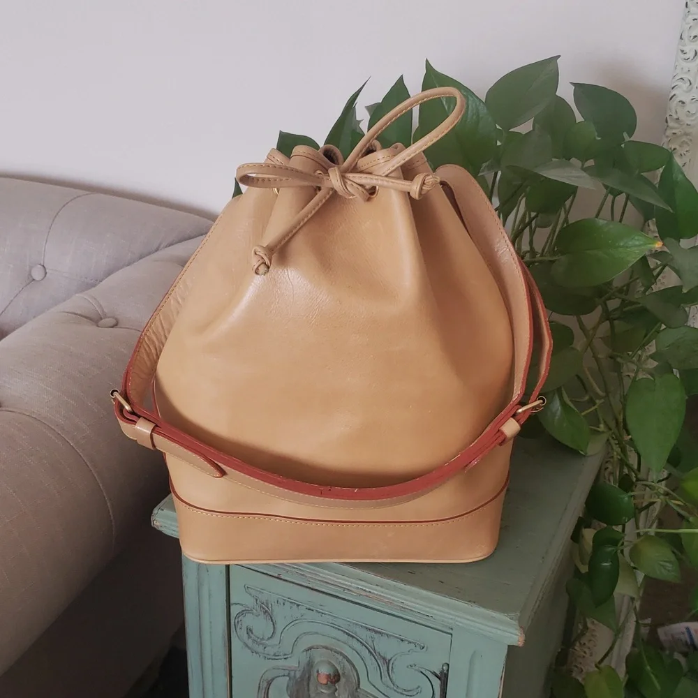 Vintage Large Leather Handmade Drawstring Bucket Bag - Picture 2 of 7